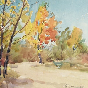 The railroad in autumn Original Watercolor Painting Russia Landscape Peterhof