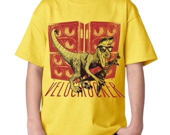Velocirocker - velociraptor with a guitar - gold shirt