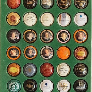 Puede incluir: Una colección de tapones de botellas de champán, cada uno con diseños y nombres de marca únicos. Los tapones están dispuestos en una cuadrícula dentro de una vitrina verde. Se pueden ver varios colores y gráficos, incluyendo texto e ilustraciones.