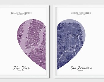 Custom 2 Piece Heart Map Print, Printable Map, Any City, Wedding Gift, Valentines Day Gift, Gift for Couple, Personalized Map Print,Wall Art