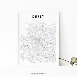 Impresión de mapas de Derby Inglaterra, cartel de arte de mapas del Reino Unido, impresión de mapas de carreteras de la calle de la ciudad, decoración de la oficina de la pared de la guardería, mapa imprimible