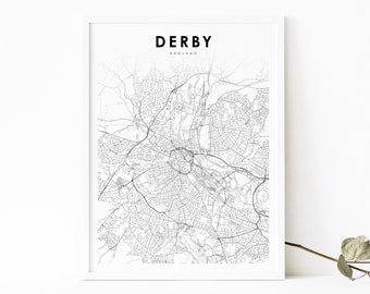 Derby England Map Print, UK United Kingdom Map Art Poster, City Street Road Map Print, Nursery Room Wall Office Decor, Printable Map