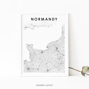 Normandie Frankreich Karte Print, Karte Kunst Poster, Normandie française, Stadt Straße Road Map Print, Kinderzimmer Wand Büro Dekor, druckbare Karte