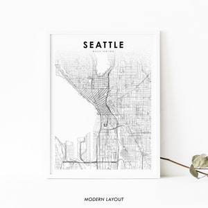 Innenstadt von Seattle WA Karte, Washington USA Karte Kunst Poster, Stadt Straße Straßen Karte Druck, Kinderzimmer Wand Büro Dekor, druckbare Karte