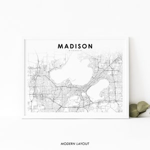 Puede incluir: Un mapa en blanco y negro de Madison, Wisconsin, con el nombre de la ciudad y el texto "MODERN LAYOUT" en la parte inferior.