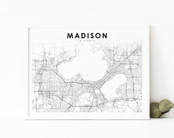 Madison WI Map Print, Wisconsin USA Map Art Poster, Monona Mendota City Street Road Map Print, Nursery Room Wall Office Decor, Printable Map