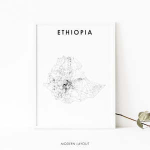 Puede incluir: Un mapa de Etiopía en blanco y negro con la palabra "ETHIOPIA" en texto negro en la parte superior de la imagen y las palabras "MODERN LAYOUT" en texto negro en la parte inferior de la imagen.