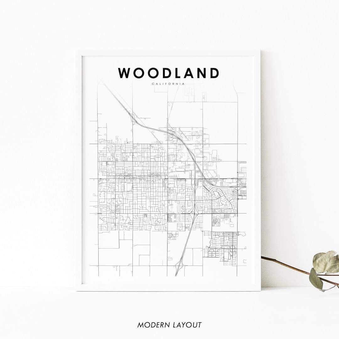 Woodland CA Map Print, California USA Map Art Poster, Yolo County, City Street Road Map Print
