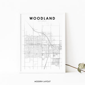Impressão de mapa de Woodland CA, pôster de arte de mapa da Califórnia EUA, condado de Yolo, impressão de mapa de estradas de ruas da cidade, decoração de escritório de parede de quarto de berçário, mapa para impressão