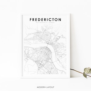 Impression de carte de Fredericton au Nouveau-Brunswick, affiche d'art de carte de NB Canada, impression de carte routière de rue de ville, décor de bureau de mur de salle de pépinière, carte imprimable