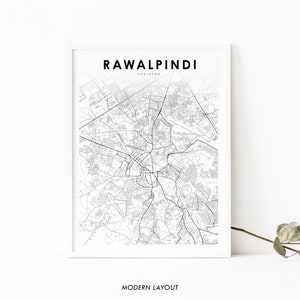 May include: A black and white map of Rawalpindi, Pakistan. The map shows the city's streets and landmarks. The text "Rawalpindi" and "Pakistan" are printed in black at the top of the map. The text "Modern Layout" is printed in black at the bottom of the map.