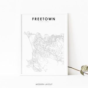 Impressão de mapa de Freetown Serra Leoa, pôster de arte de mapa, África Ocidental, impressão de mapa de ruas de estradas da cidade, decoração de escritório de parede de berçário, mapa para impressão
