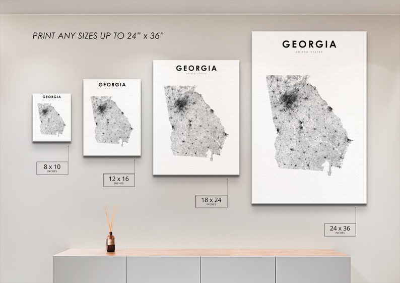 May include: Four different sizes of a black and white print of the state of Georgia with the text "GEORGIA" and "United States" at the top. The print sizes are 8 x 10 inches, 12 x 16 inches, 18 x 24 inches, and 24 x 36 inches.