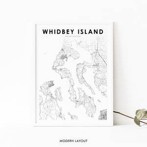Impressão de mapa de Whidbey Island WA, pôster de arte de mapa de Washington EUA, impressão de mapa de estradas de Whidby City Street, decoração de parede de quarto de berçário, mapa para impressão