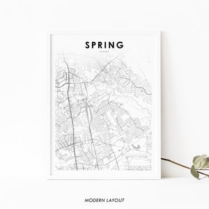 Impressão de mapa de Spring TX, pôster de arte de mapa do Texas EUA, condado de Harris, impressão de mapa de estradas de ruas da cidade, decoração de parede de escritório de berçário, mapa para impressão