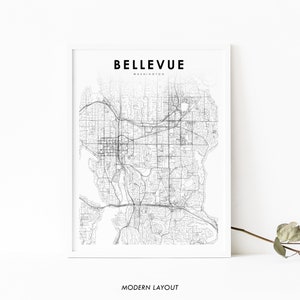 Bellevue WA Karte Druck, Washington USA Karte Kunst Poster, Stadt Straße Straßenkarte Druck, Kinderzimmer Wand Büro Dekor, druckbare Karte