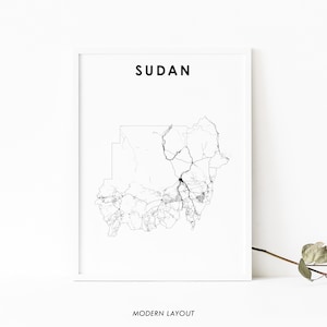 Impressão de mapa do Sudão, pôster de mapa de estradas do país, arte de mapa de Cartum África, decoração de escritório de parede de quarto de berçário, mapa imprimível