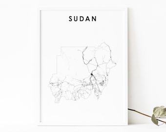 Sudan Map Print, Country Road Map Poster, Khartoum Africa Map Art, Nursery Room Wall Office Decor, Printable Map