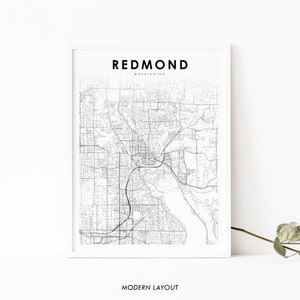 Impression de carte de Redmond WA, affiche d’art de carte de Washington USA, impression de carte routière de rue de ville, carte imprimable minimaliste de décor de mur de bureau de salle de pépinière
