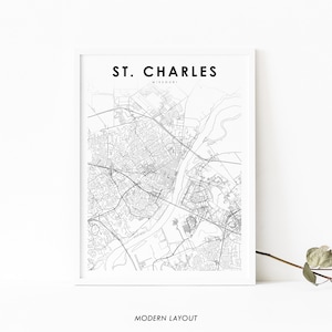 Impressão de mapa de St. Charles MO, pôster de arte de mapa de Missouri EUA, impressão de mapa de ruas de Saint Charles, City Road, decoração de escritório de parede de quarto de berçário, para impressão