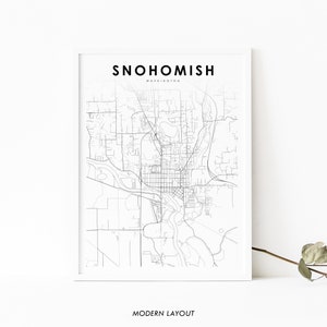Impressão de mapa de Snohomish WA, pôster de arte de mapa de Washington EUA, impressão de mapa de estradas de ruas da cidade, decoração de parede de escritório de berçário, mapa minimalista para impressão