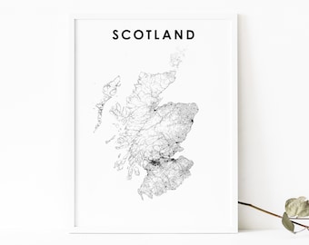 Scotland Map Print, Road Map Art Poster, UK United Kingdom Britain Edinburgh Glasgow Map Art, Nursery Room Wall Office Decor, Printable Map