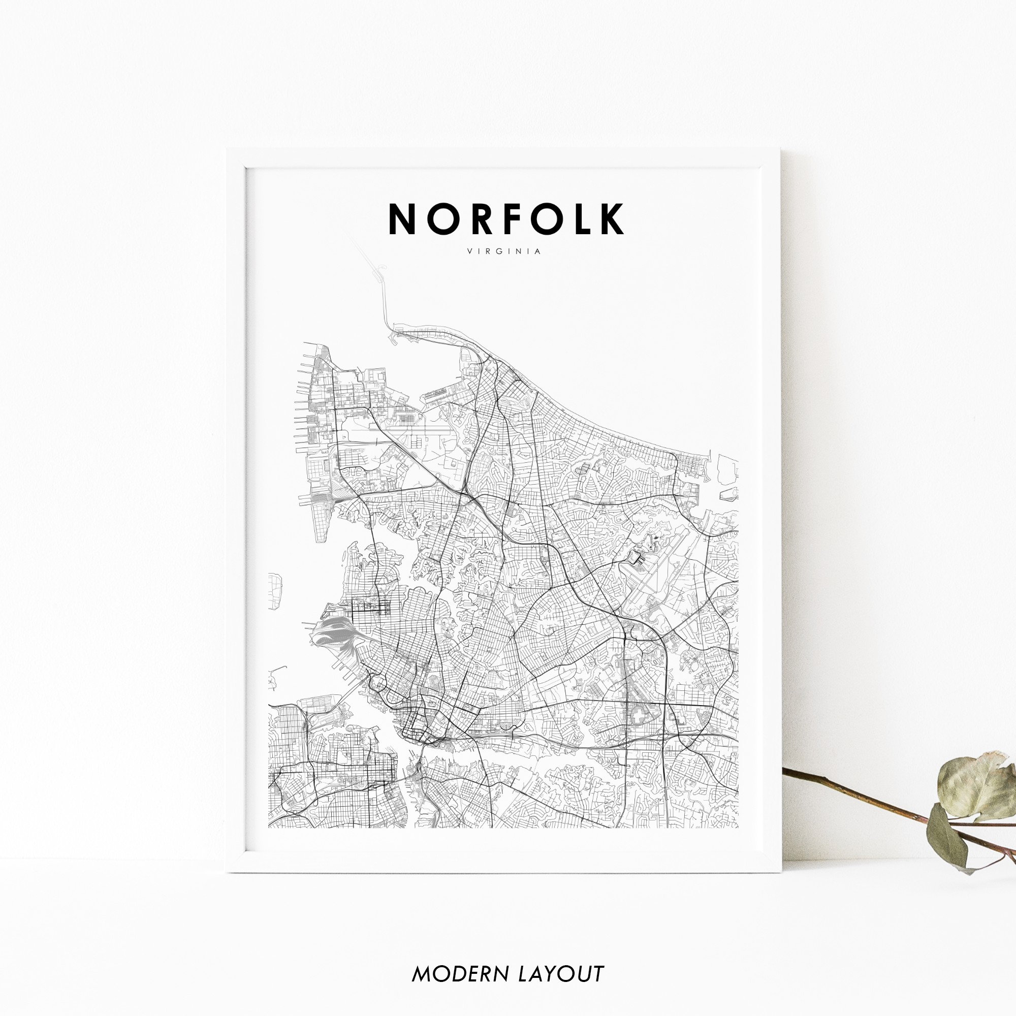 Norfolk Va Map Print Virginia Usa Map Art Poster Hampton Etsy Hong Kong