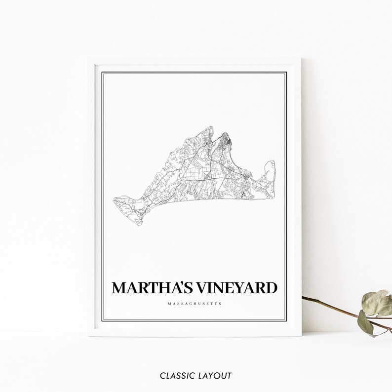 May include: Black and white line art map print of Martha's Vineyard, Massachusetts. The print has a white background and a black frame.