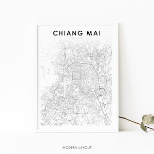 Chiang Mai Thailand kaart afdrukken, kaart kunst poster, Chiengmai Chiangmai stad straat routekaart afdrukken, kinderkamer muur kantoor decor, afdrukbare kaart