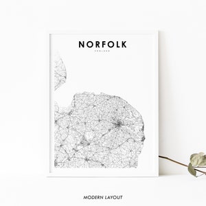 Norfolk England Map Print, UK United Kingdom Road Map Art Poster, Norwich, Map Art, Nursery Room Wall Office Decor, Printable Map