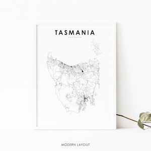 Tasmanien Australien Karte Print, Road Map Kunst Poster, TAS Tassie Hobart, Kartenkunst, Kinderzimmer Wand Büro Dekor, druckbare Karte