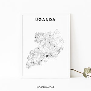 Uganda Map Print, Country Road Map Poster, Kampala Uganda Africa Map Art, Nursery Room Wall Office Decor, Printable Map