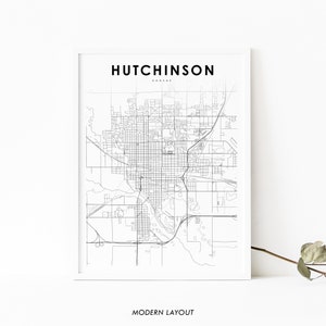 Hutchinson KS Map Print, Kansas USA Map Art Poster, Reno County, City Street Road Map Print, Nursery Room Wall Office Decor, Printable Map
