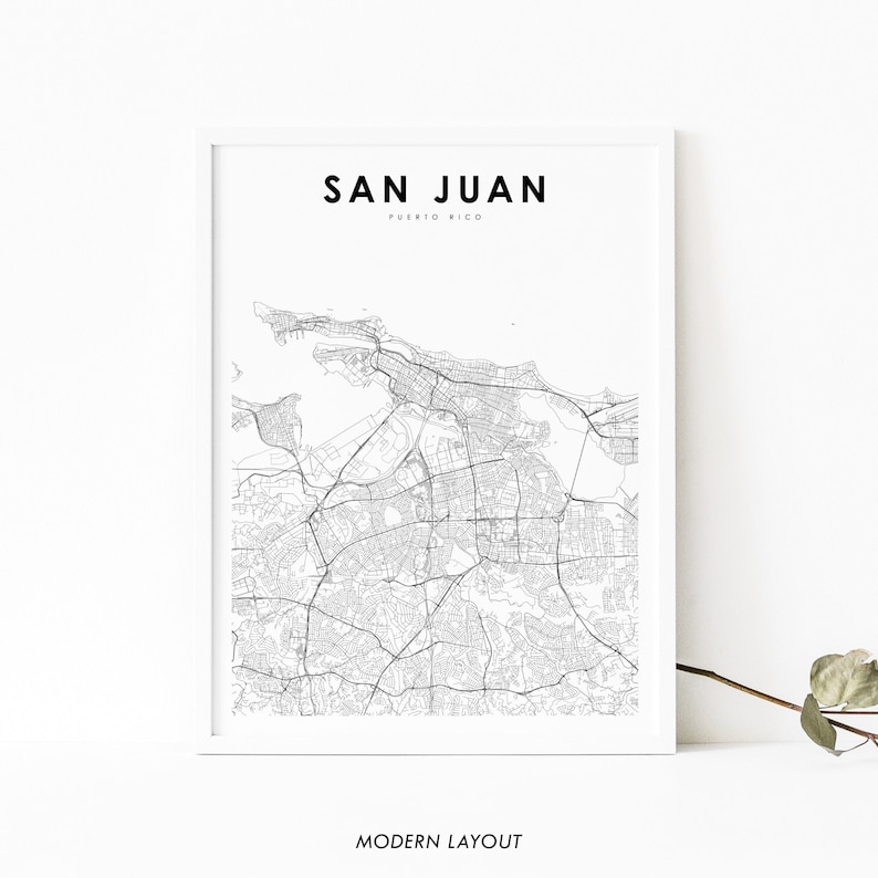 May include: A black and white map of San Juan, Puerto Rico, with the city name and "Modern Layout" text at the bottom.