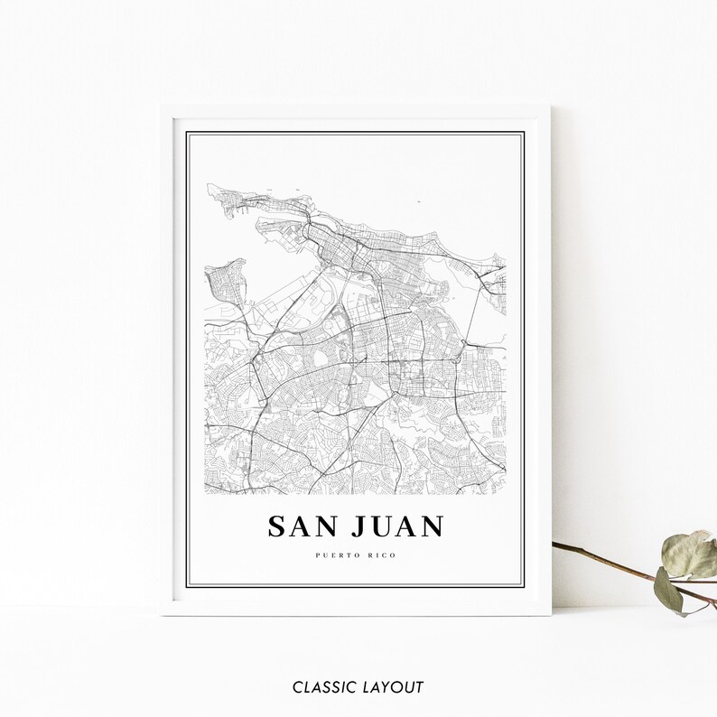 May include: A black and white map print of San Juan, Puerto Rico. The map shows the city streets and surrounding area. The text "SAN JUAN" and "PUERTO RICO" is printed below the map.