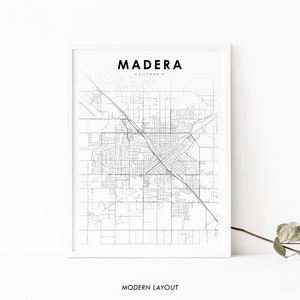 Madera CA Map Print, California USA Map Art Poster, City Street Road Map Print, Kinderkamer Kantoor Muur Decor, Minimalistische afdrukbare kaart