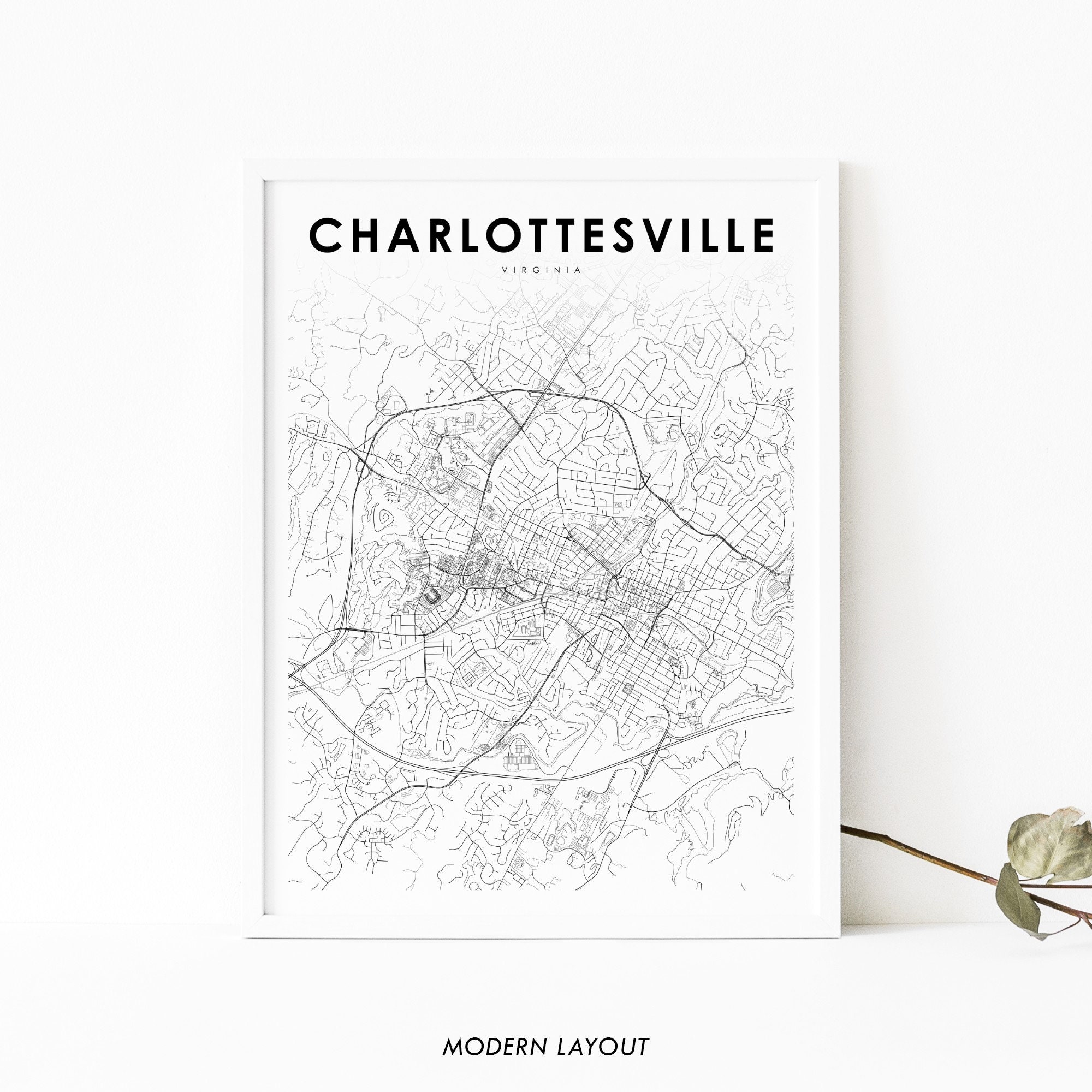 Charlottesville VA Map Print, Virginia USA Map Art Poster, C'ville City Street Road Map Print, Nursery Room Wall Office Decor, Printable Map