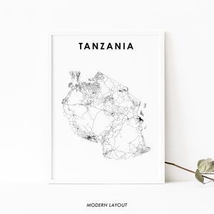 Tanzania kaart afdrukken, land routekaart kunst poster, Dodoma Dar es Salaam Afrika kaart kunst, kinderkamer muur kantoor decor, afdrukbare kaart