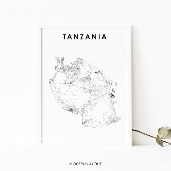 Tanzania Map Print, Country Road Map Art Poster, Dodoma Dar es Salaam Africa Map Art, Nursery Room Wall Office Decor, Printable Map