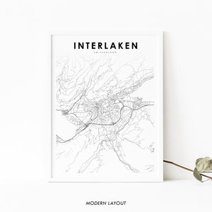 Interlaken Switzerland Map Print, Bern Swiss Map Art Poster, City Street Road Map Print, Nursery Room Wall Office Decor, Printable Map