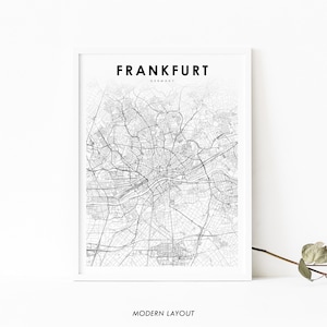 Impresión de mapas de Frankfurt Alemania, cartel de arte del mapa, impresión principal de la hoja de ruta de la calle de la ciudad de Hesse, decoración de la oficina de la pared de la sala de la guardería, mapa imprimible