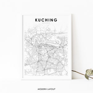 Kuching Malaysia Karte Print, Karte Kunst Poster, Sarawak 古晉, Stadt Straße Road Map Print, Kinderzimmer Wand Büro Dekor, druckbare Karte