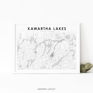 Impressão de mapa de Kawartha Lakes Ontario, pôster de arte de mapa do Canadá, impressão de mapa de estradas de ruas da cidade, decoração de parede de escritório de berçário, mapa para impressão