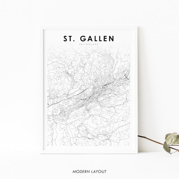 St. Gallen Switzerland Map Print, St Gall Swiss Map Art Poster, Sankt Gallen, City Street Road Map Print, Nursery Room Office Wall Decor