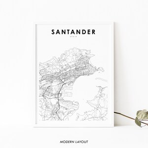 Santander Spanje kaart afdrukken, kaart kunst poster, Cantabrië España, stad straat routekaart afdrukken, kinderkamer muur kantoor decor, afdrukbare kaart