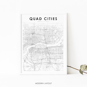 Impressão de mapa de Quad Cities IA IL, pôster de arte de mapa de Iowa Illinois EUA, impressão de mapa de estradas de ruas da cidade, decoração de parede de quarto de berçário, mapa para impressão