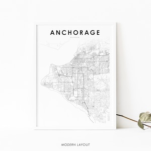 Impressão de mapa de Anchorage AK, pôster de arte de mapa do Alasca EUA, impressão de mapa de estradas de cidade, decoração de parede de quarto de berçário, mapa imprimível
