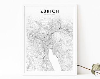 Zürich Switzerland Map Print, Zurich Swiss Map Art Poster, City Street Road Map Print, Nursery Room Wall Office Decor, Printable Map