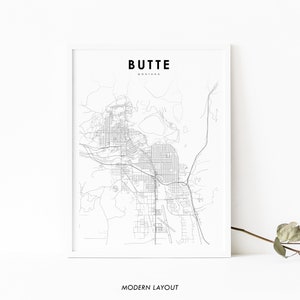 Butte MT Map Print, Montana USA Map Art Poster, Silver Bow County, City Street Road Map Print, Nursery Room Wall Office Decor, Printable Map