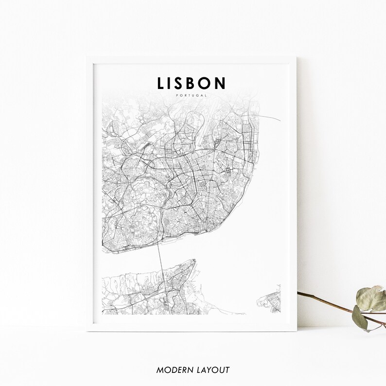 May include: A black and white map print of Lisbon, Portugal, with the city name and "Modern Layout" text at the bottom.